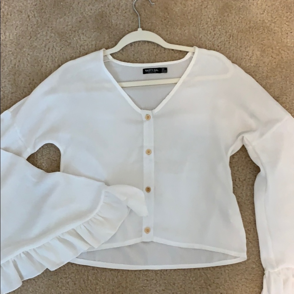White button up top with bell sleeves